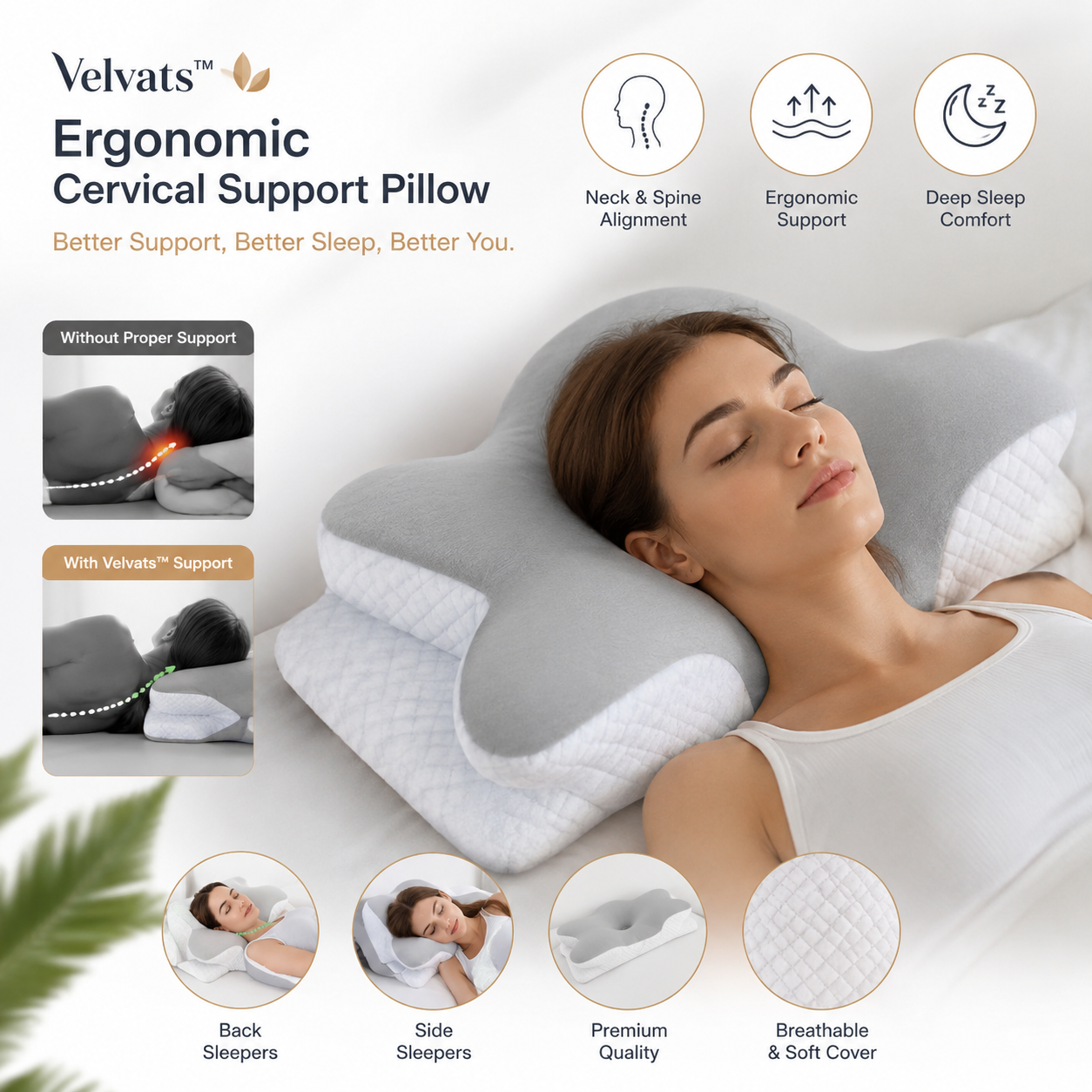 Velvats™  Ergonomic Cervical Support Pillow