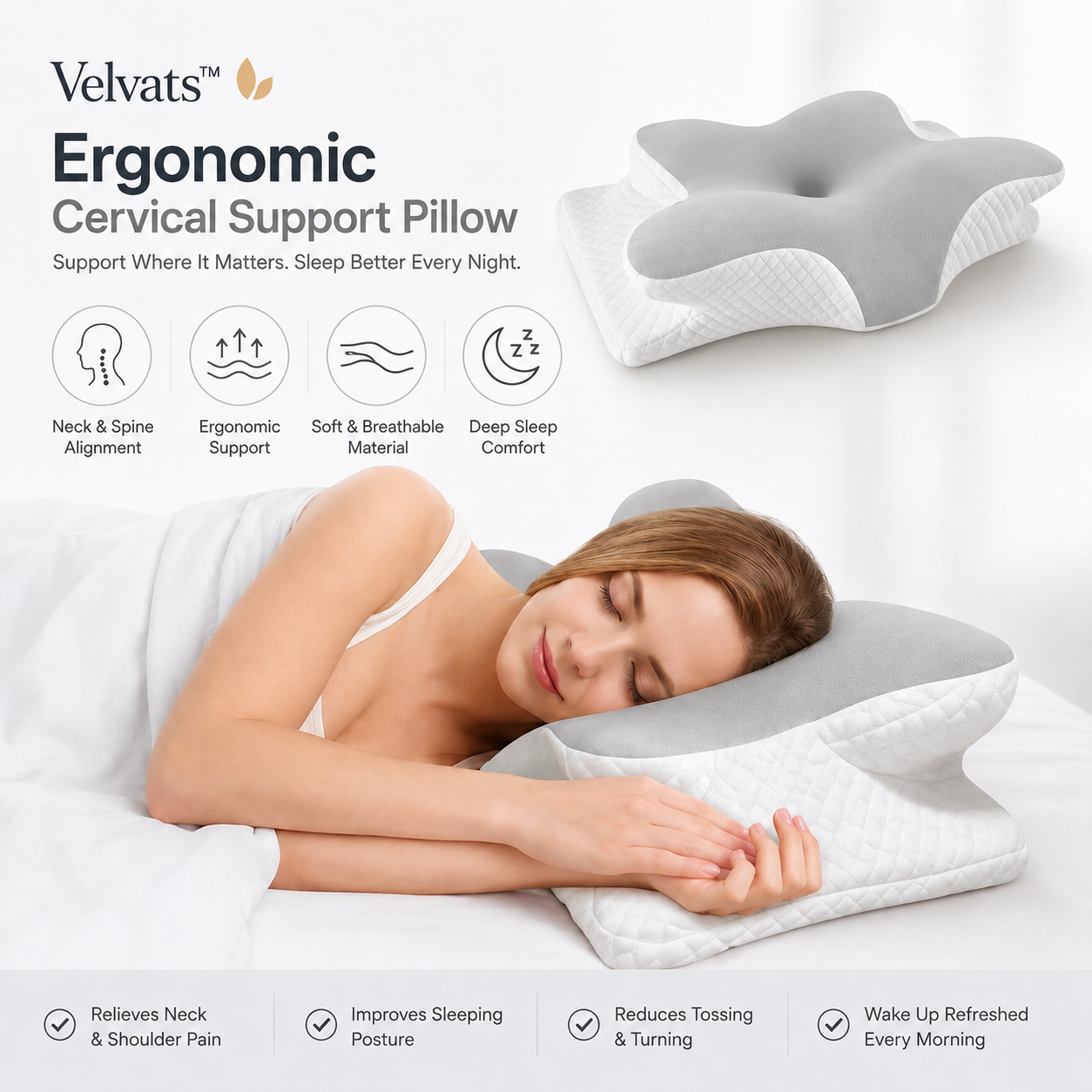 Velvats™  Ergonomic Cervical Support Pillow
